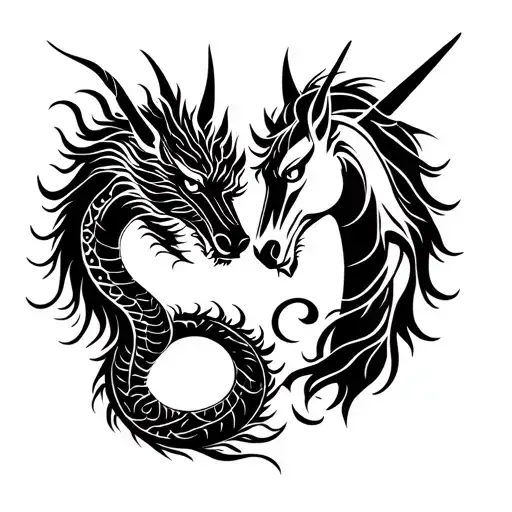 Chinese Dragon And Unicorn Facing Each Other