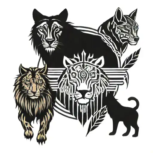 Lion And A Wolf And An Owl On Native American Tribal Tattoo Design