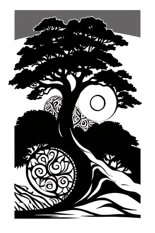 Tree Of Life And Sun In Aztec Style On The Right Top Side Of The Tree