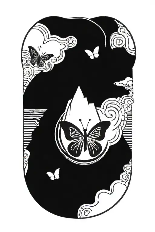 African Style Sleeve With Butterfly In Middle Of Inner Forearm And A Mountain On The Outer Forearm