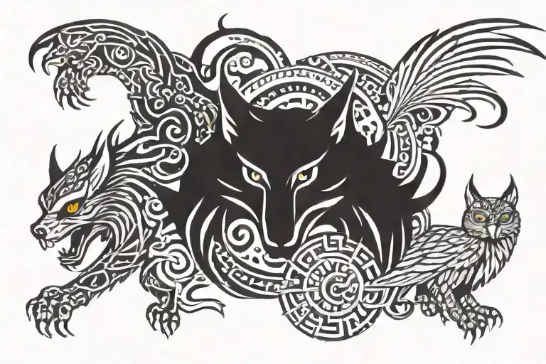 Owl Wolf Dragon Tiger Fighting