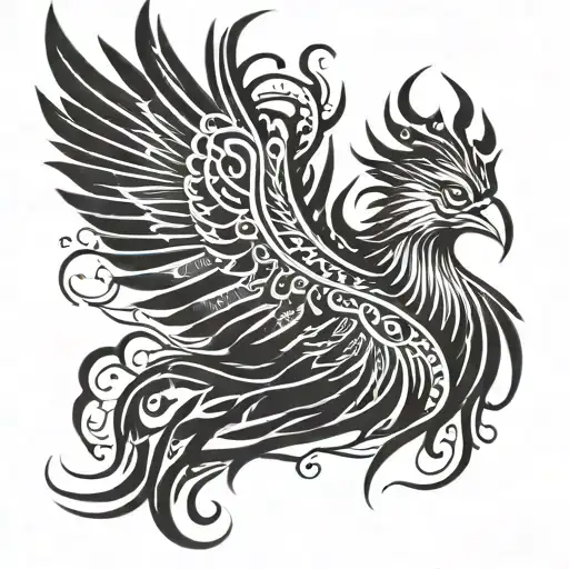 Phoenix From The Front With Wings Spread Wide And Flames In Tribal Style