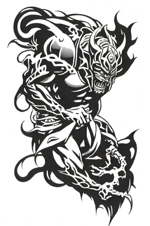 Male Anime Character Wearing Oni Mask Fighting Off Inner Demons
