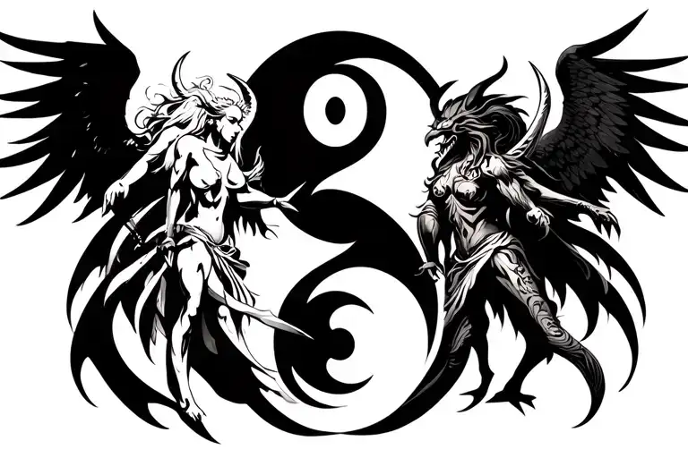 Yin And Yang With Angel And Demon The Angel With A Scythe And The Demon With An Oreol