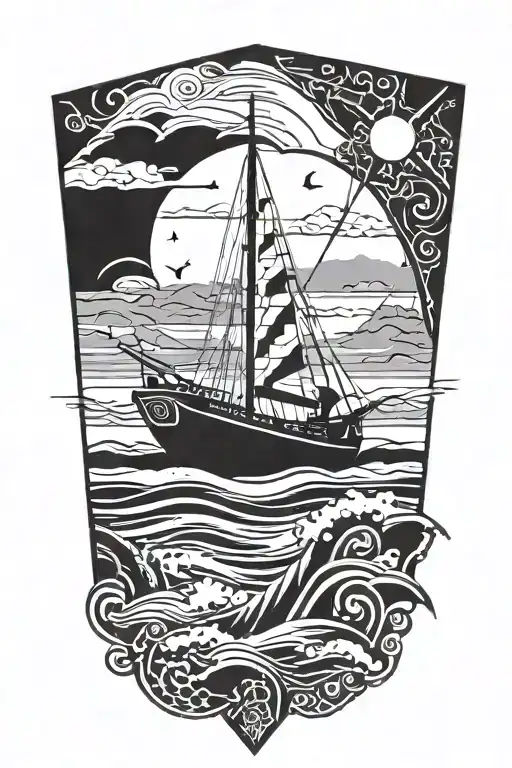 Beach Scene Featuring A Modern Fishing Boat Inside A Triangle