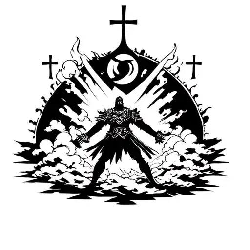 Alone Warrior With Crosses In Background Surrounded By Clouds