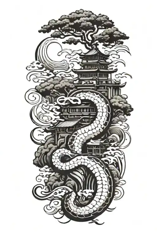 A Japanese Landscape Where There Are Pagodas Sitting On A Snake