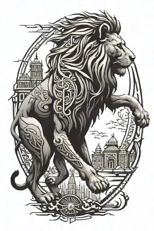 A Lion Walking In 3D With Buildings Behind The Lion