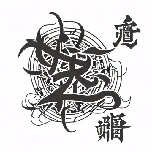 Chaos Kanji With Wire Like Stitches On The Skin Interlaced With The Simple Death Kanji For The Hand