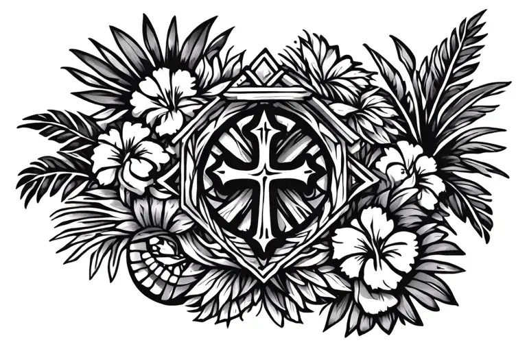 Catholic Cross In The Middle Surrounded By Hawaiian Things