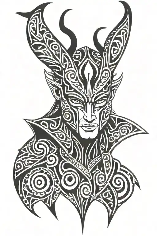 Loki Facing Front Face Nordic Tribal Tattoo Design Combining Elements