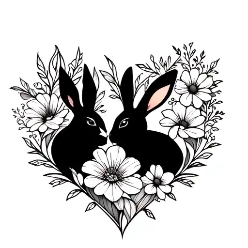 2 Bunnies In Flowers In The Heart
