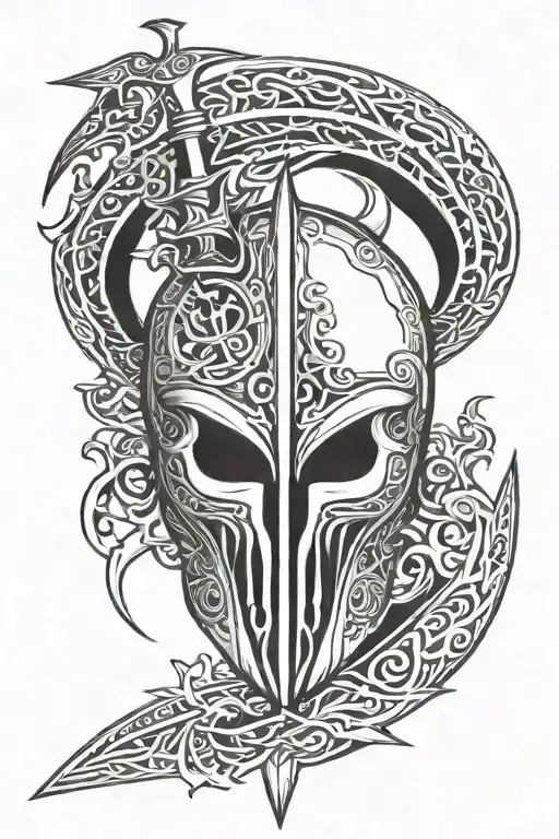 A Medieval Helmet With A Hollow Knight Sword In The Middle With Root On The Side Of The Sword