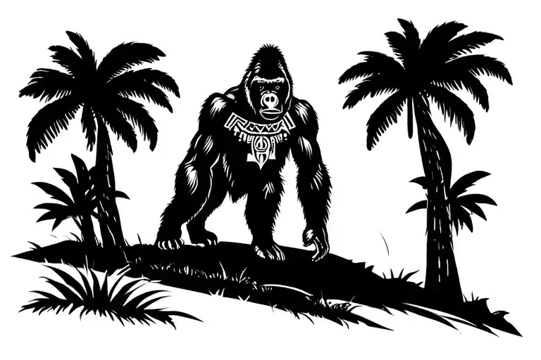 Gorilla In African Safari Scene With The Sun Shining With African Symbols On A Chest