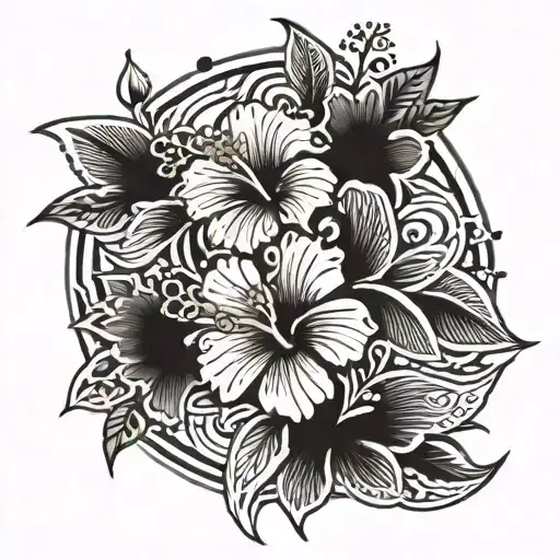 Cheery Blossom And Hibiscus Flower And Sun Setting