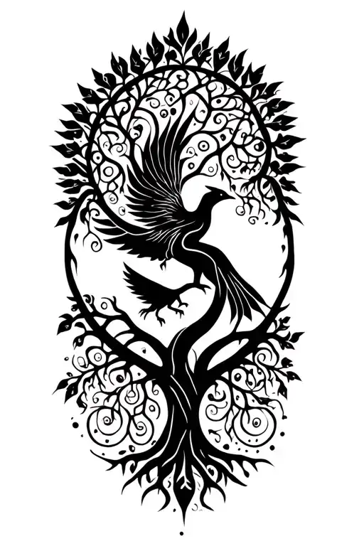 Tree Of Life And Rising Phoenix Intertwined Symbolizing