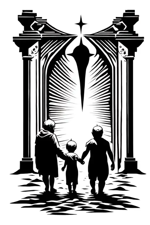 Grandpa And Grandson Holding Hands Walking Into Heaven Gates