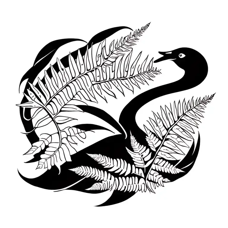 Black Swan With A Fern Plant Surrounding