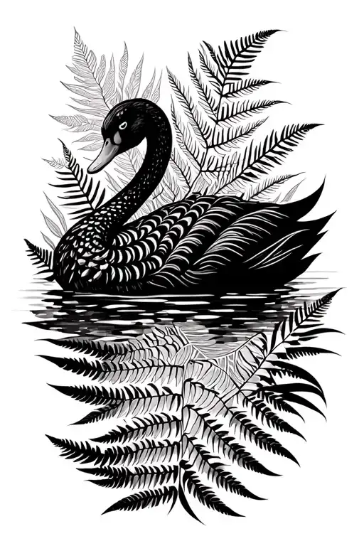 Black Swan With A Fern Plant Surrounding