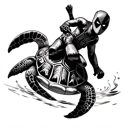 Baby Deadpool Riding A Sea Turtle Swimming