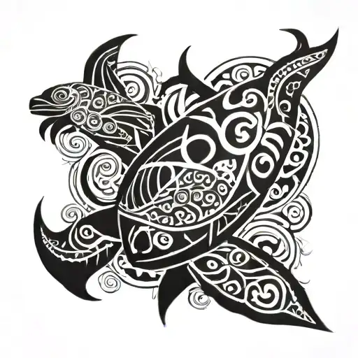 Black Arm Tattoo From The Shoulder To Below The Elbow In Maori Style With A Manta Ray And A Turtle