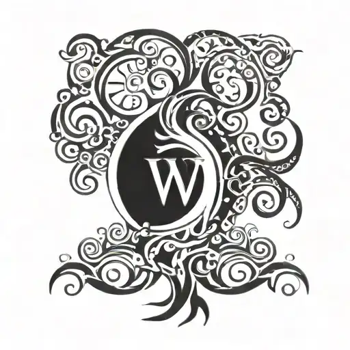 Tribal Tattoo Of A Tree That Has A Letter W In The Middle