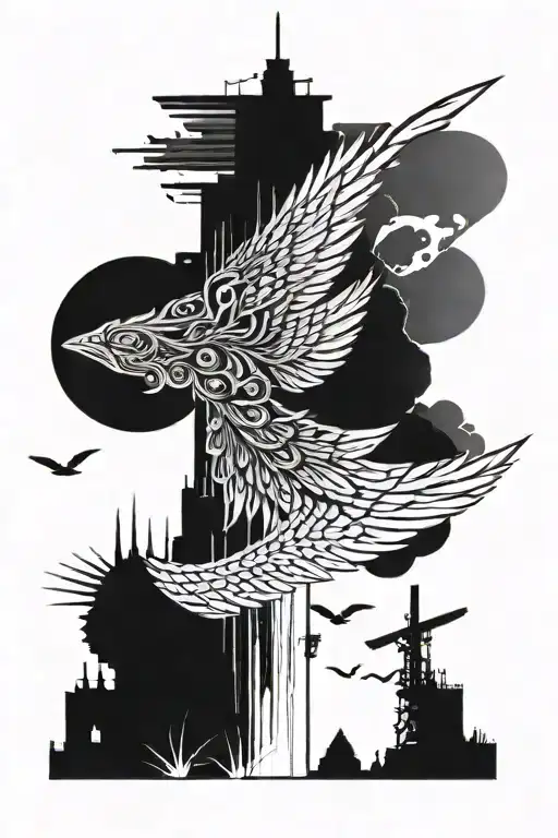 Icarus Falling From The Sky In Front Of Tower