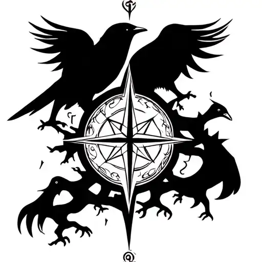 Nordic Compass With Nordic Tree Of Life With Odin's Crows