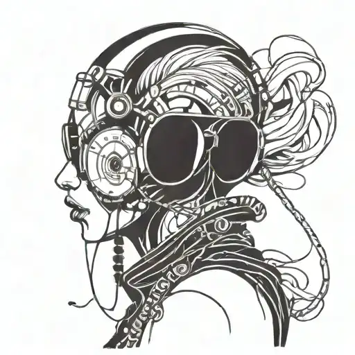 Cyberpunk Woman Tattoos Headphones Rave Music Cables Sexy Sunglasses