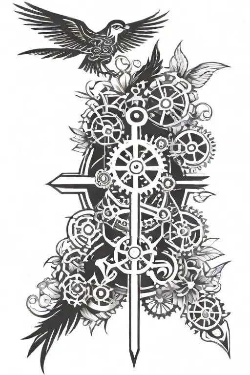 Gears Intertwined With Flowers A Cross And A Bird