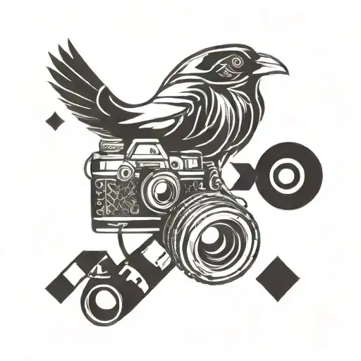 A Camera Lens Intertwined With Hiking Boots And A Raven In A Blackwork Style