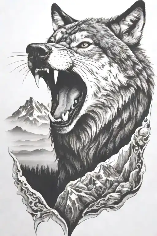 Growling Wolf Face And Realistic Rocky Mountains Inside