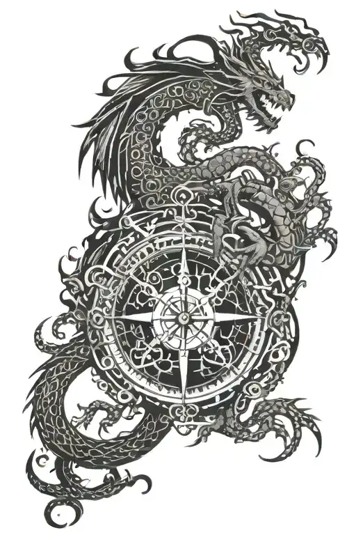 Dragon Embracing The Tree Of Life And In One Hand Holding A Compass And In The Other Broken Chains