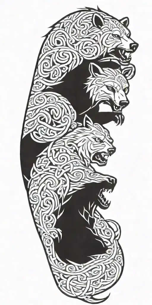 Nordic Knotwork Bear Fighting A Wolf