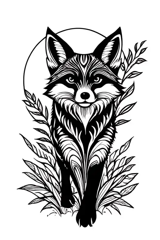 Fox Walking Towards Through Plants With The Moon Behind