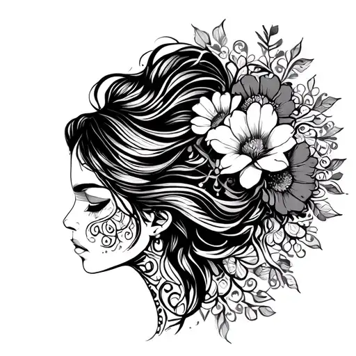 Mermaid Side Profile With Flowers And Mandala