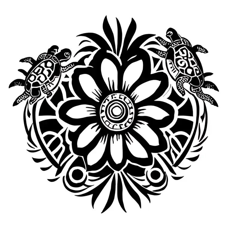 Vanuatu Flag With Tribal Design Flower Three Baby Turtles On Shoulder Flowing Down Back