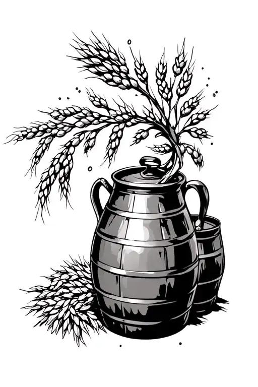 Hop Vines Going Over A Copper Brew Kettle With Wheat And Bourbon Barrels