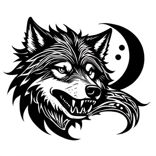 Colored Wolf Baring Fangs With Small Moon Surrounded