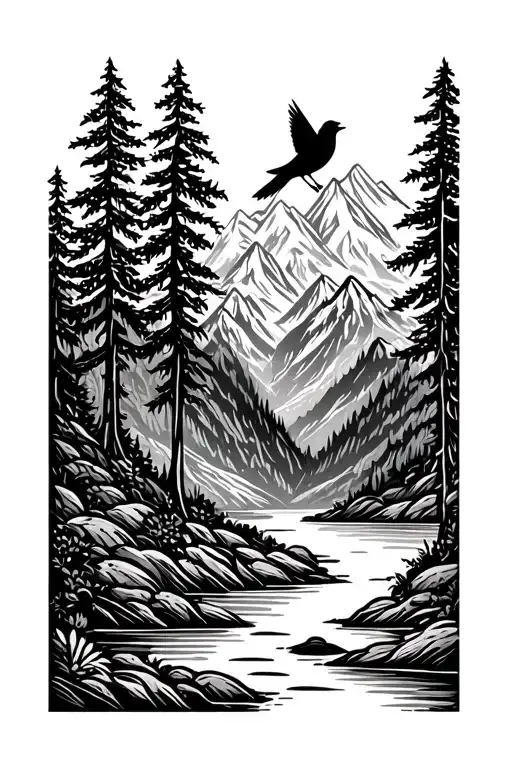 Mountains River Trees Birds