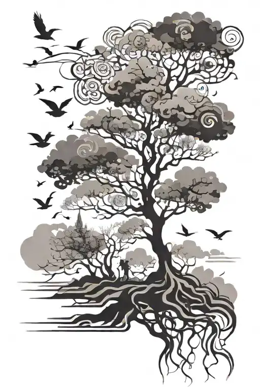 Tree Clouds Birds Person Walking