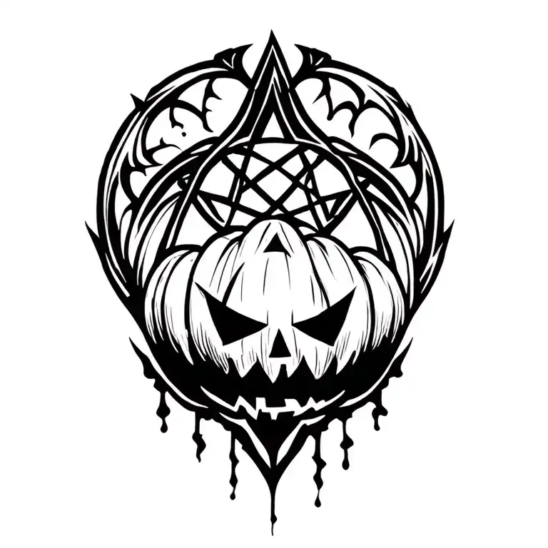 Tattoo Of A Pentagram Behind And Halloween Pumpkin