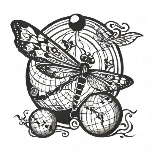 Tribal Tattoo Black And White Of A Dragonfly Catching A Globe
