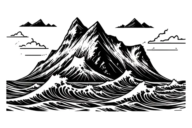 Mountain And Waves Crashing In The Background