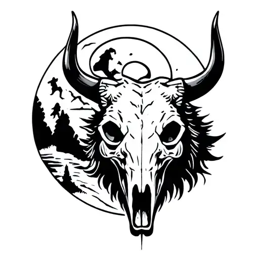 Bull Skull With Wolf Howling At The Moon
