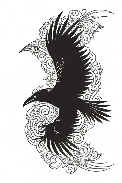 A Black Raven Flies Against A Forest Background