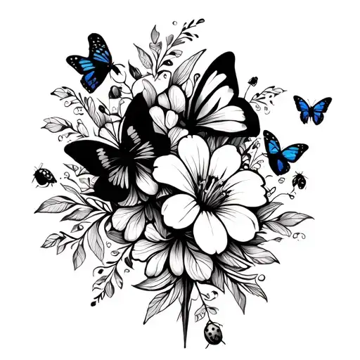 Flower Bouquet And Butterflies And Lady Bugs Around