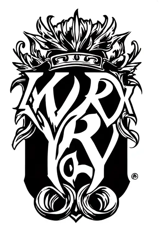 Mry Three Letters With Symbolic Crest Tattoo Design