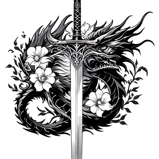 Dragon With Sword Surrounded By Flowers Intertwined