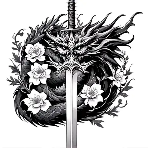 Dragon With Sword Surrounded By Flowers Intertwined